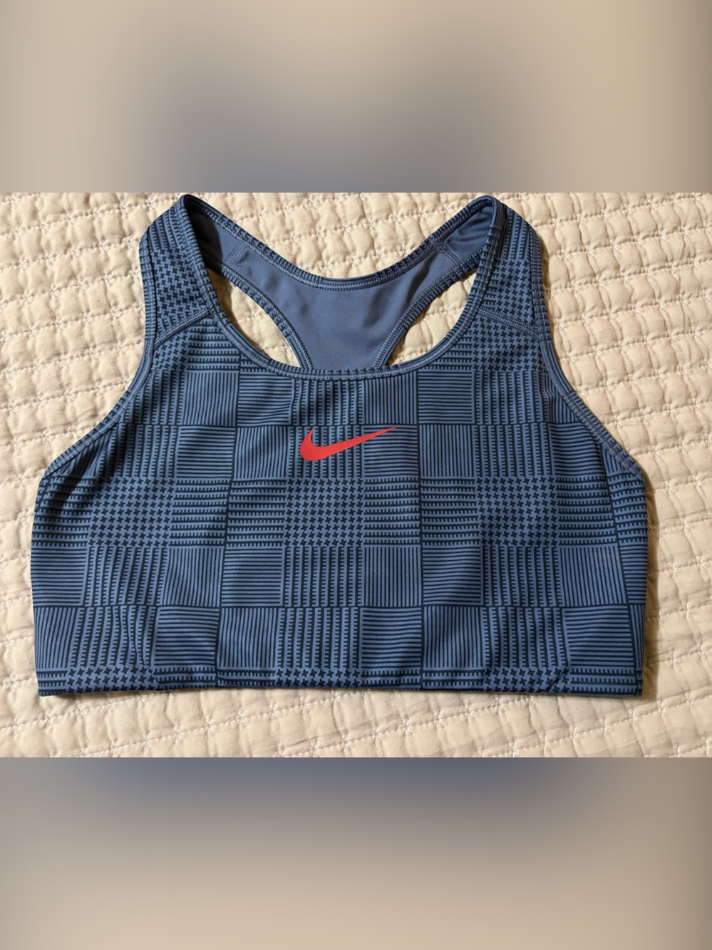 Nike Blue Textured Racerback Sports Bra with Red Swoosh
